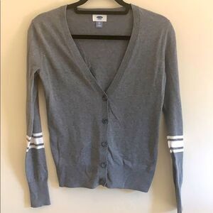 Old Navy Button Front Gray V-Neck Two Stripe Varsity Letterman Cardigan Sweater